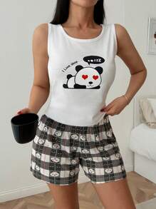Women's Slogan & Cartoon Print Camisole And Shorts Pajama Set - Multicolor - View 4