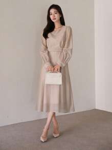 DAZY Elegant Fall Solid Color Waist Gathered Long Sleeve Long Dress, Women's Dress Elegant,Dress For Wedding - Pink - View 3