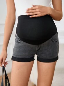 SHEIN Adjustable Waist Rolled Hem Casual Versatile Maternity Denim Shorts