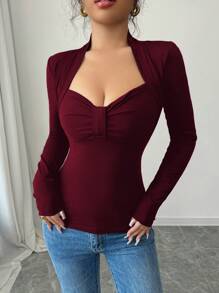 INAWLY 1件女款優雅純色心形領修身T恤秋季女裝 - 酒紅色 - 查看 5