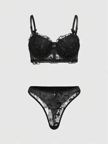 ROMWE Black Gothic Rose Bride Underwire Lace Embroidered Bralette & G-String Lingerie Set - Black - View 1