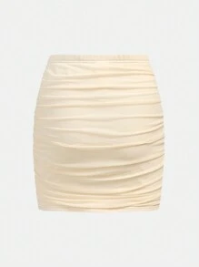 SHEIN Girlism Teen Girl 2pcs Set: Plain Mesh Ruched Square Neck Long Sleeve Top And Skirt - Apricot - View 6