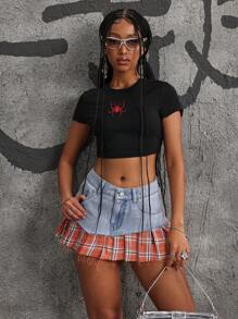 SHEIN ICON Jupe en jean plissée à carreaux avec poches pour femmes