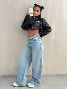 EURMUSE Jeans mit weitem Bein, niedriger Taille, Taschen und Rissen - Helle Waschung - Übersicht 7
