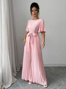 Elenzga 女士优雅时尚短袖圆领收腰蝴蝶结褶边阔腿连体裤 - 粉色 - 查看 4