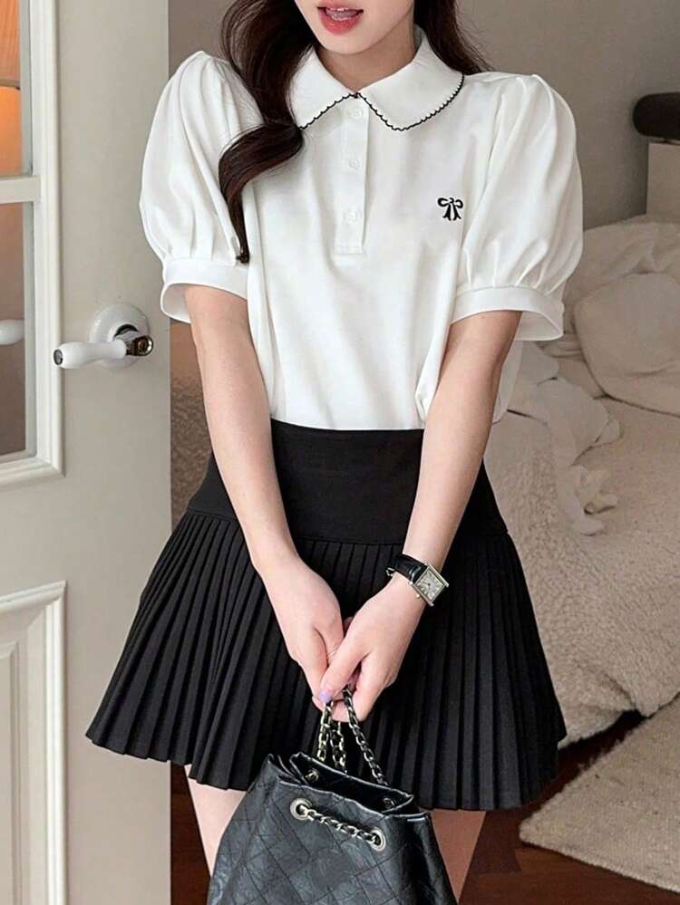 Women Puff Sleeve POLO Collar Casual Butterfly Embroidery T-Shirt Cute Tops