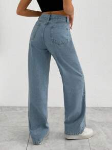 EURMUSE HIGH WAIST UPSIDE DOWN WAISTBAND DETAILED LOOSE STRAIGHT LEG JEAN - Light Wash - View 2