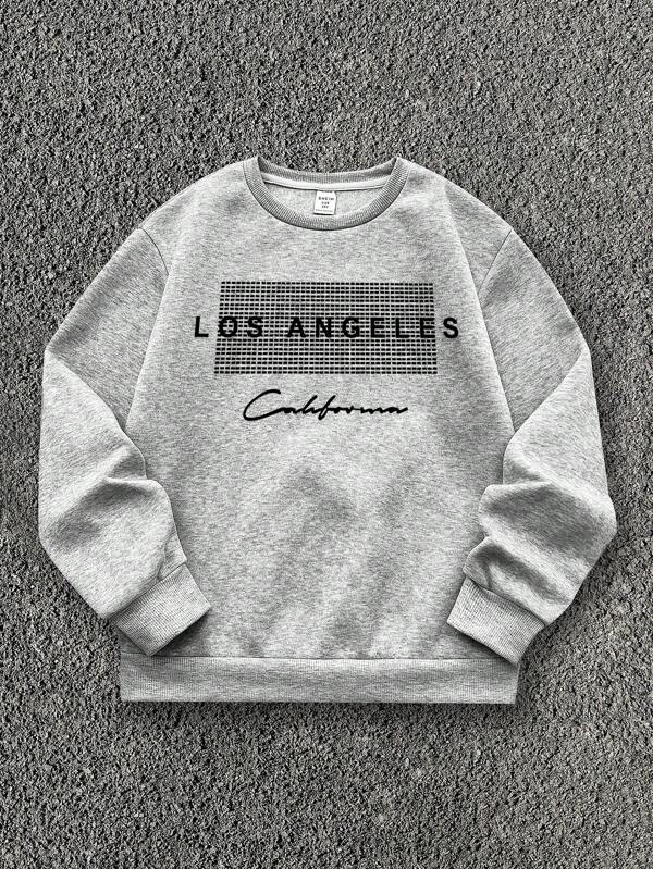 SHEIN Sweatshirt à col ras du cou à manches longues ample et épais avec motif de lettres minimaliste décontracté pour adolescent garçon de Los Angeles, Californie. Convient pour l'automne.