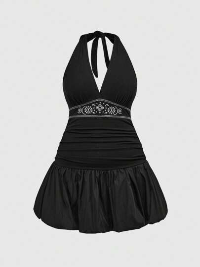 فستان نسائي مقاس كبير مطبوع بالأزهار مع فتحة رقبة حلقية وحشوة الذيل