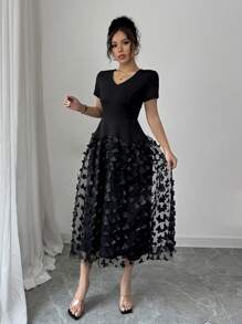 Chiquease Rochie neagră elegantă de damă, de lungime medie, ocazională, simplă și la modă, pentru purtarea zilnică - Negru - Vizualizare 4