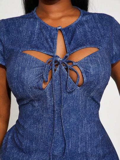 SHEIN SXY Plus Size Spring/Summer Women's Sexy Star Cutout Drawstring Short Sleeve Denim Effect Print Fitted T-Shirt, Suitable For Everyday Wear, Music Festival, Ibiza,Nashville,Rave,Modest,Chic,Gyaru,Concert, Carnival Party, Beach Vacation, Date Night, Birthday, Bachelorette Party, Club, Cute, Casual, Shopping, Streetwear, Going Out, Easy To Match & Looks Slim, Accents Your Body, Flatters The Figure