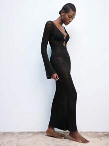 Maija Valentine's Day Ladies Spring And Summer New Style Black Crocheted Hollow Sexy Waist Tight Metal Buckle Elegant Modern Urban Daily Casual Long Dress Suitable For Going Out Festival Party Date Outfit Party Wedding Music Festival 90s Women's Clothing Bohemian Old Money - Black - View 7