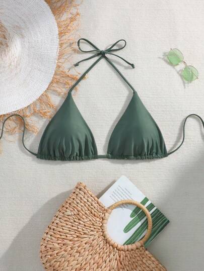 Swim Lushoire Plus Size Women Summer Beach Vacation Solid Color Minimalist Halter Neck Tie Bikini Triangle Cup Top