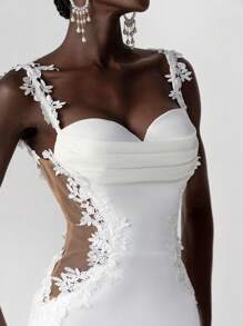 Elitara 优雅奢华刺绣蕾丝贴花弹力针织褶饰美人鱼下摆带拖尾，适合婚礼、派对、蜜月、新娘礼服、婚纱、新娘 - 米色 - 查看 8