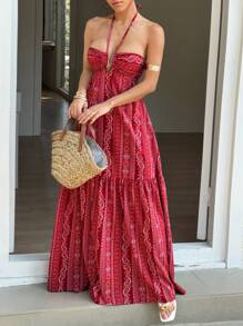 Sunnyshic 度假图案印花露背挂脖连衣裙