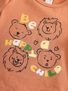 Cozy Pixies Set de 2 piezas para bebé niño: Top de manga corta de cuello redondo suave con estampado de oso de dibujos animados y peto corto tipo tirantes