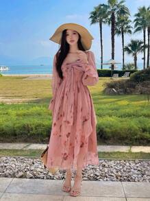 DAZY Đầm midi dáng ôm bằng chiffon in họa tiết hoa hồng, thắt eo xoắn, có bèo nhún, thích hợp cho nữ, kiểu dáng mùa thu, tay dài, trang phục đi nghỉ mát, lễ Phục sinh. - Hồng - Xem 5