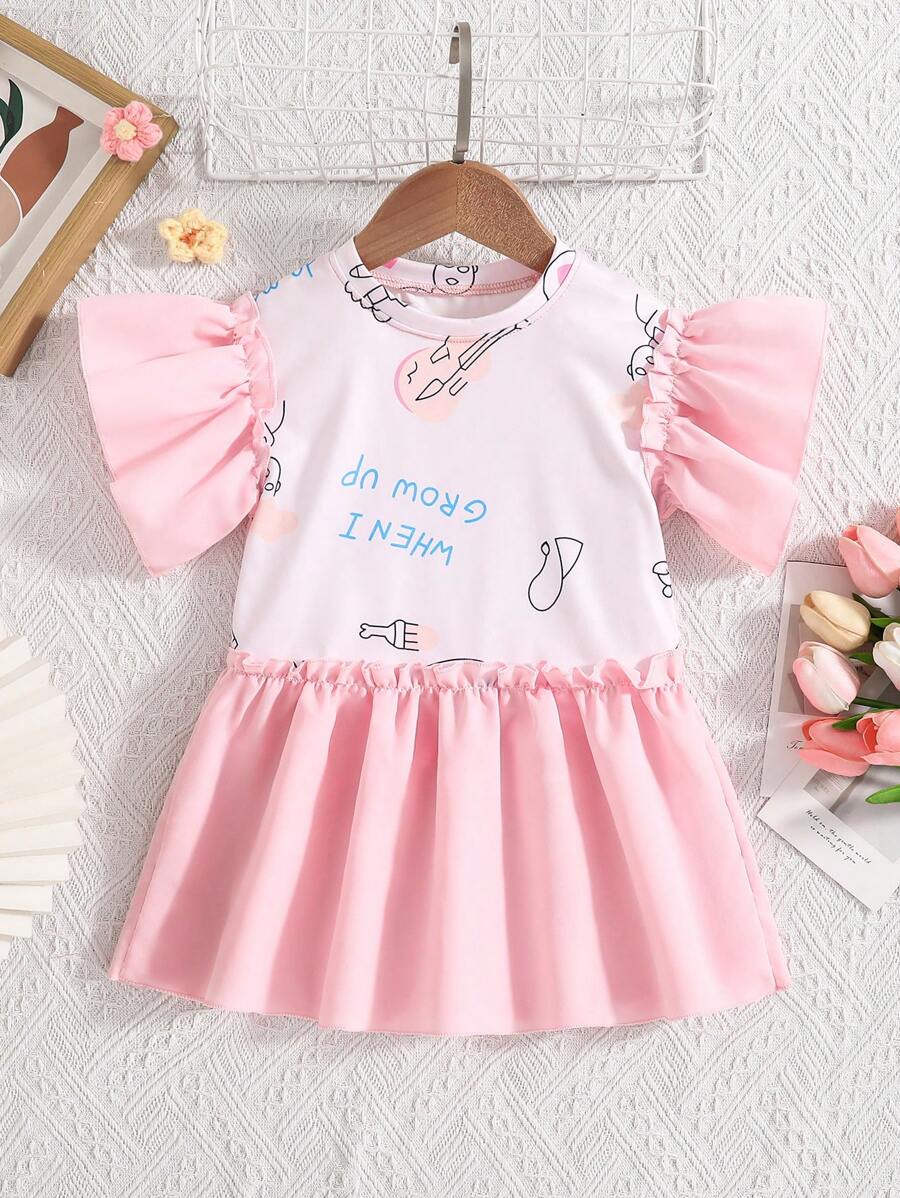 Baby Girls Pink Novelty Print Round Neck Flare Sleeve Ruffle Hem Dress, Family Matching Outfits (2 Pieces Are Sold Separately) - Pink - View 1