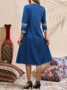 EMERY ROSE Women's V-Neck Printed Casual Dress, Simplistic For Everyday Wear