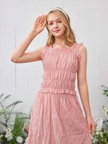 2 件套青少年女孩夏季休闲格纹荷叶边吊带上衣和简约 A 字裙 - 粉色 - 查看 3