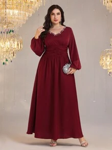 Modelyn Plus Size Women's Rhinestone Decor V-Neck Lantern Sleeve Ruched Waist Midi Dress - Red - View 4
