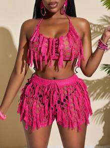 Slaydiva Summer Vacation Sexy Rose Red See-Through Knitted Hand-Crochet Tassel Beach Shorts Set