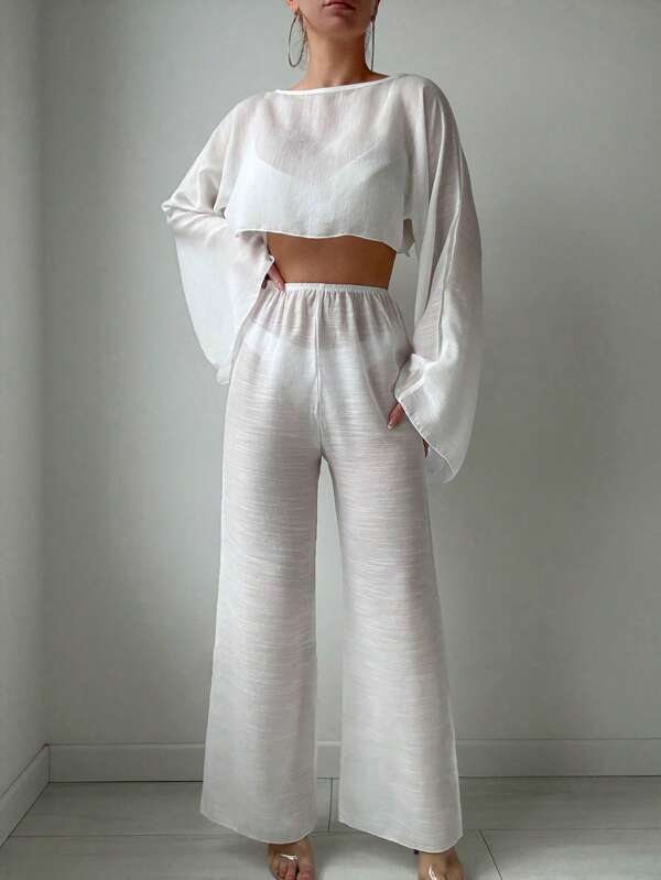 Swim Vcay Conjunto de 2 piezas para vacaciones de primavera de mujer con top con cintura entrelazada de unicolor y manga larga holgada que deja el ombligo al descubierto, estilo bohemio de festival