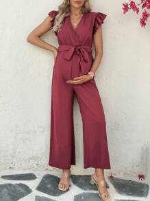 SHEIN Mono de piernas anchas cómodo para mujeres embarazadas, color borgoña