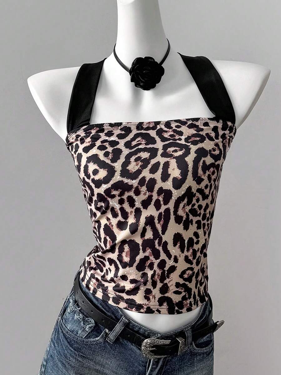 Women's Leopard Print Halter Neck Backless Top - Multicolor - View 1
