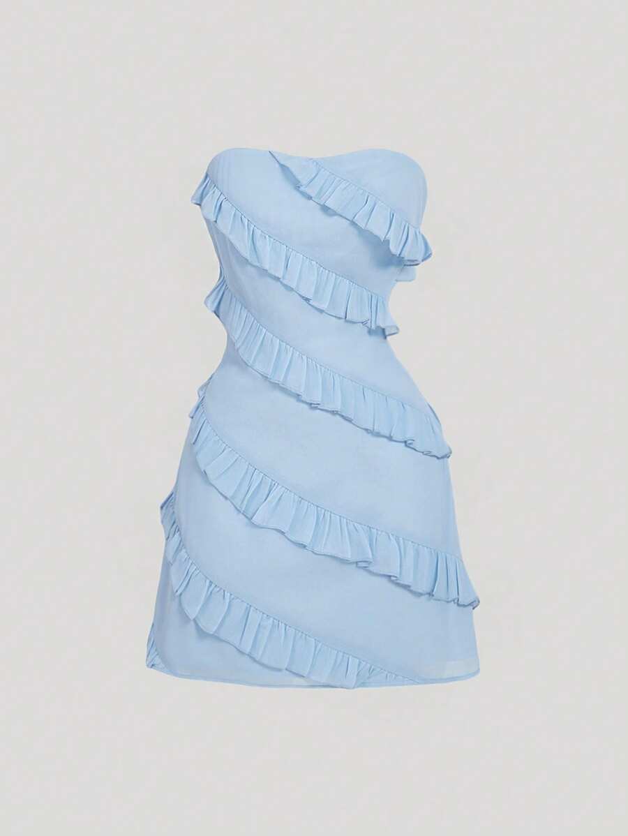 SHEIN MOD Women's Strapless Ruffle Trim Mini Dress, Blue Mini Dress - Blue - View 1