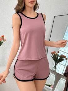 2pcs/Set Women Contrast Trim Casual Tank Top & Shorts Pajama Set, Loungewear Holiday Season Outfit ,Women's Shorts Pajama Set ,Loungewear Set