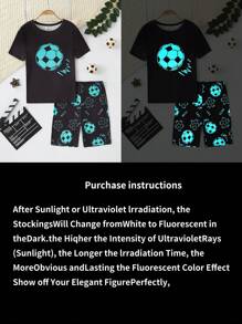 2 件套青少年男孩黑色简约足球印花短袖衬衫和短裤套装，舒适贴身家居服 - 彩色 - 查看 8