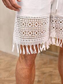 Genlund Men's Solid Color Drawstring Waist Pocket Contrast Lace Casual Shorts,Men's Vacation Daily INS Style, Featuring A Mesh Openwork Knit Design, Cutting-Edge Fashionable And Handsome, A Perfect Gift - Apricot - View 2