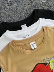SHEIN 3 件装年轻男孩休闲、可爱、休闲街头、舒适、时尚、简约、实用、百搭、卡通表情印花宽松 T 恤、返校上衣、适合音乐会 - 彩色 - 查看 2