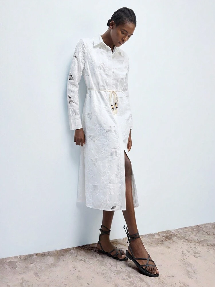 SHEIN Maija Elegant Sexy Floral Embroidery Belted Midi Dress For Women, Spring Summer, Modern Urban Casual Daily, Suitable For Vacation, Occasions, Dating, Party, Wedding, Music Festival