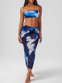 女士蓝色扎染印花性感修身抹胸比基尼套装，夏季海滩度假沙滩装套装 - 彩色 - 查看 4