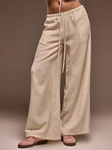 MUSERA Mid Rise Drawstring Waist Linen Wide Leg Trouser Summer Cute Vacation Sexy Chic Elegant Casual - Cream - View 2