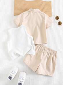 Cozy Pixies Baby Boy 3pcs Set: Letter Print Lapel Short Sleeve Shirt , Solid Color Soft Knit Short Sleeve T-Shirt, Elastic Waist Shorts