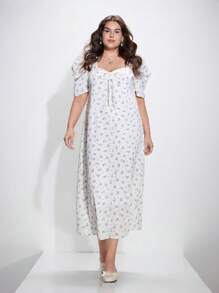 SHEIN MOD Kleid mit Blumenprint in Retro-Stil, Schleife und Ballonärmeln, Große Größen - Verschiedenfarbig - Übersicht 1