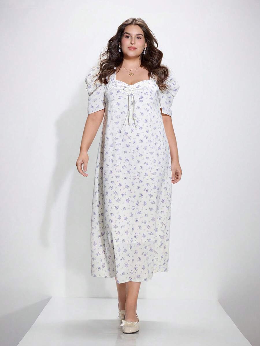 SHEIN MOD Kleid mit Blumenprint in Retro-Stil, Schleife und Ballonärmeln, Große Größen - Verschiedenfarbig - Übersicht 1