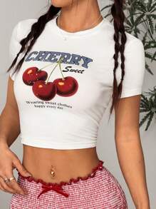 Flirla Camiseta ajustada de mujer de manga corta con cuello redondo y estampado de cerezas, de mezcla de algodón