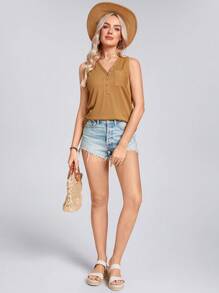 SHEIN LUNE Regata Casual Solta Feminina com Decote em V Canelado e sem Mangas, na Cor Laranja - Gengibre - Visão 4