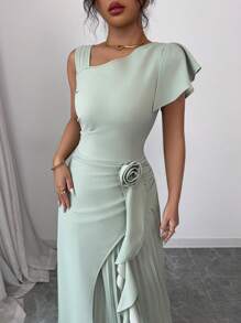Elenzga Asymmetric Shoulder Pleated Ruffle Sleeve A-Line Floral Elegant Romantic Dress For Women - Mint Green - View 5