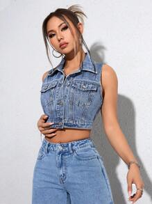 SHEIN PETITE Women's Denim Vest Casual Jacket, Simple & Stylish, For Daily Wear - Blue - View 7