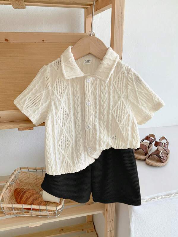 SHEIN LMoss Kids LMoss Baby Boys Summer Cute Solid Color Knitted Jacquard Short Sleeve Polo Shirt And Elastic Waist Solid Shorts 2 Pieces Set