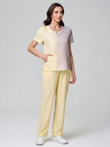 TaskEZ 女士渐变色 V 领短袖上衣和裤子手术服套装