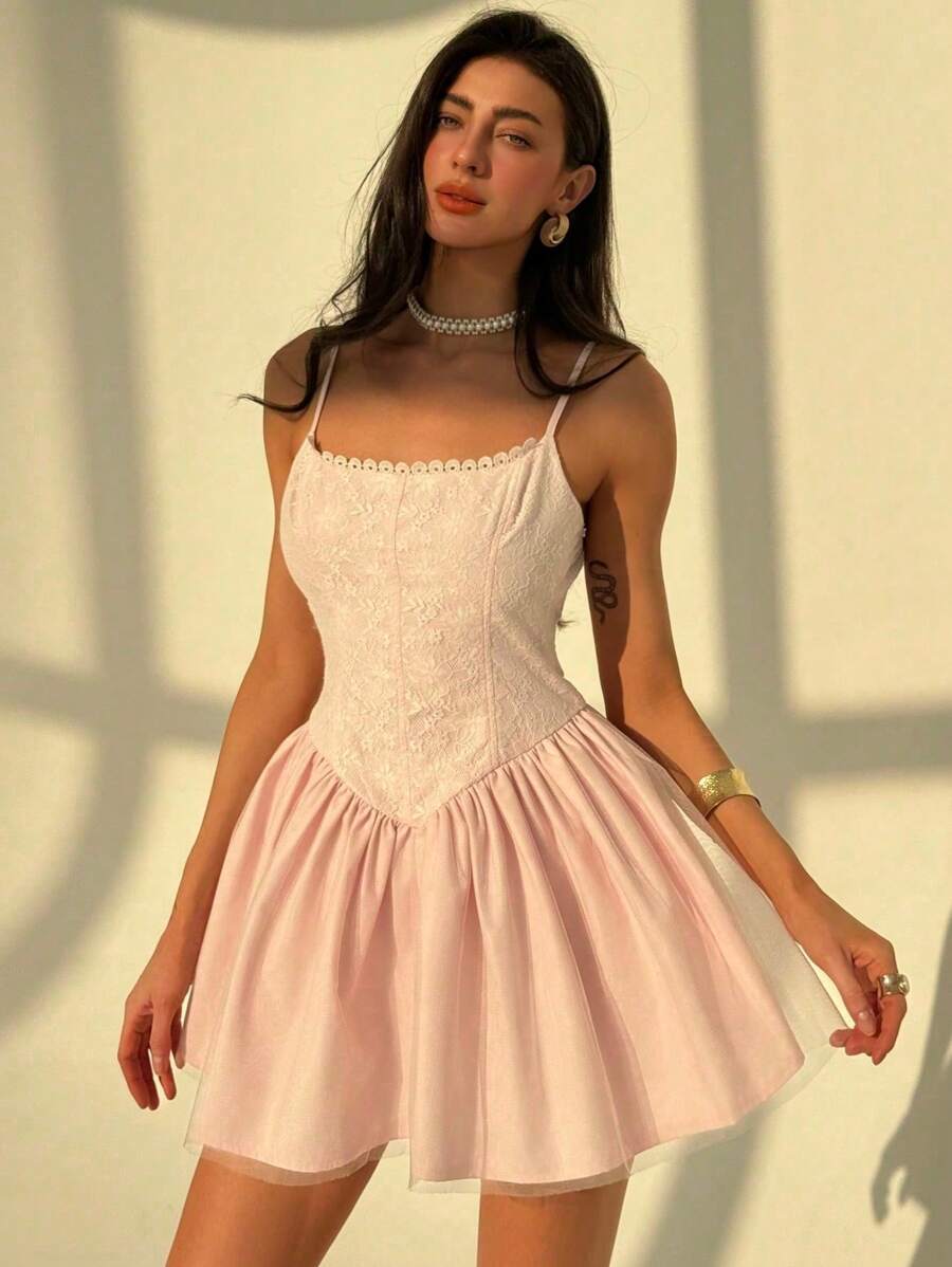 Aloruh Romantic Date Sexy Spaghetti Strap Lace Trim Open Back Bowknot Extremely Short Pink Women Dress - Pink - View 1