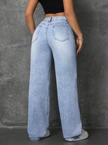 SHEIN Tall Women Mid-Rise Straight Leg Washed Casual Jeans - Light Wash - View 2