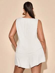 SHEIN BAE Conjunto de dos piezas de chaleco de lino y pantalones cortos de pierna ancha talla grande para mujer, atuendos de primavera para mujer, atuendos de verano/verano para mujer, atuendos de festival/concierto para mujer/atuendos de rave, atuendos de vacaciones de primavera, vestidos de Pascua para mujer, atuendos de concierto para mujer, combinación elegante, atuendos para salir, talla grande de verano