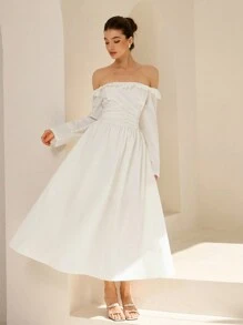 Aveloria Rosie Vestido de manga larga con diseño de volantes, hombros descubiertos, cintura fruncida y falda acampanada, en textura de satén blanco, de estilo retro francés elegante y romántico, adecuado para la temporada de bodas